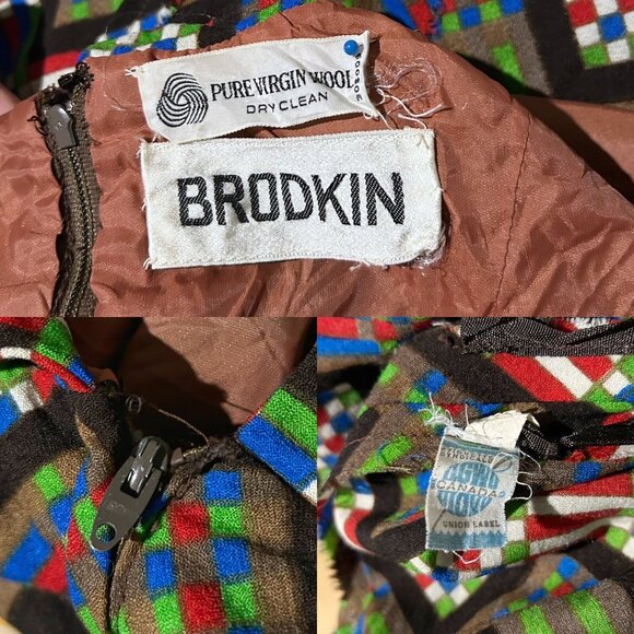 70s vintage wool shift dress midi shirt geometric pattern abstract print tie. - Picture 9 of 13